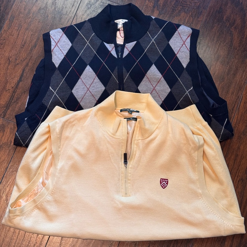 Fairway & Greene Navy Argyle Zip Vest with Light Peach Half-Zip Pullover